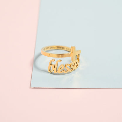 18K Gold PVD Stainless Steel Adjustable "Blessed" Ring