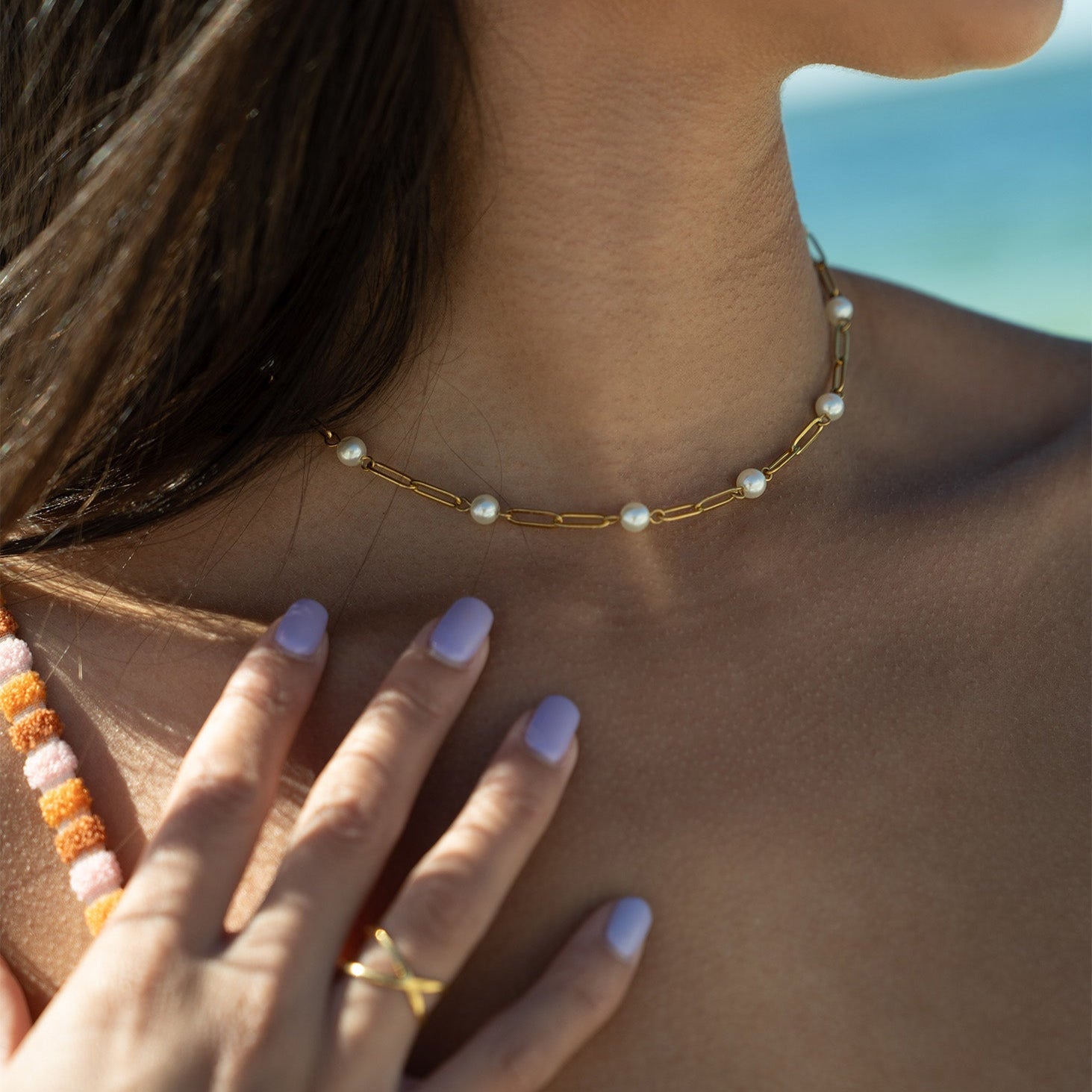 18K Gold PVD Stainless Steel Pearl Station Paperclip Chain Necklace