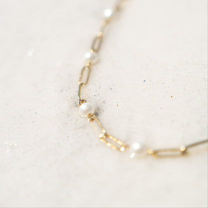18K Gold PVD Stainless Steel Pearl Station Paperclip Chain Necklace