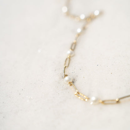 18K Gold PVD Stainless Steel Pearl Station Paperclip Chain Necklace