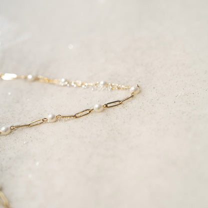 18K Gold PVD Stainless Steel Pearl Station Paperclip Chain Necklace