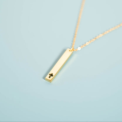 18K Gold PVD Stainless Steel Cross Cutout Vertical Bar Necklace