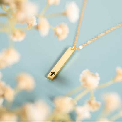 18K Gold PVD Stainless Steel Cross Cutout Vertical Bar Necklace