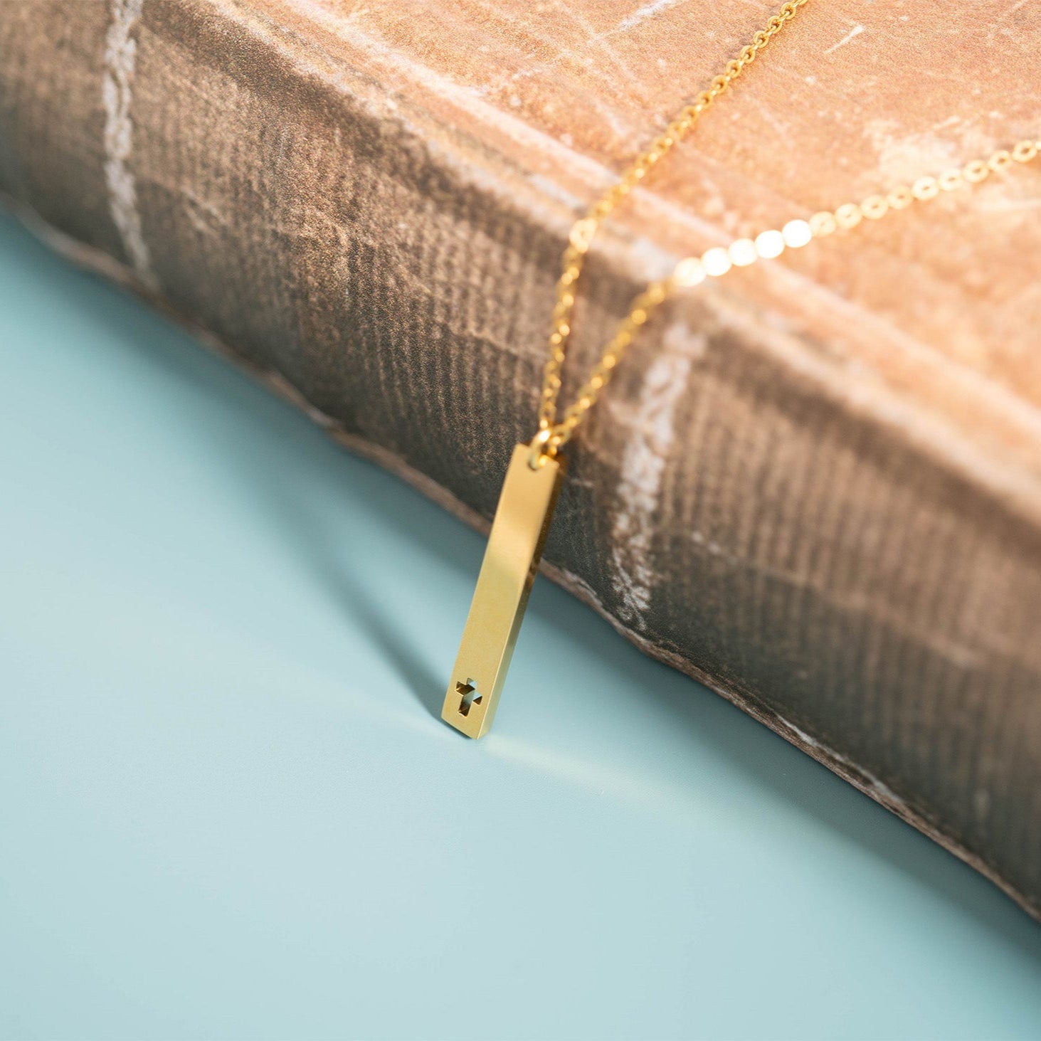 18K Gold PVD Stainless Steel Cross Cutout Vertical Bar Necklace