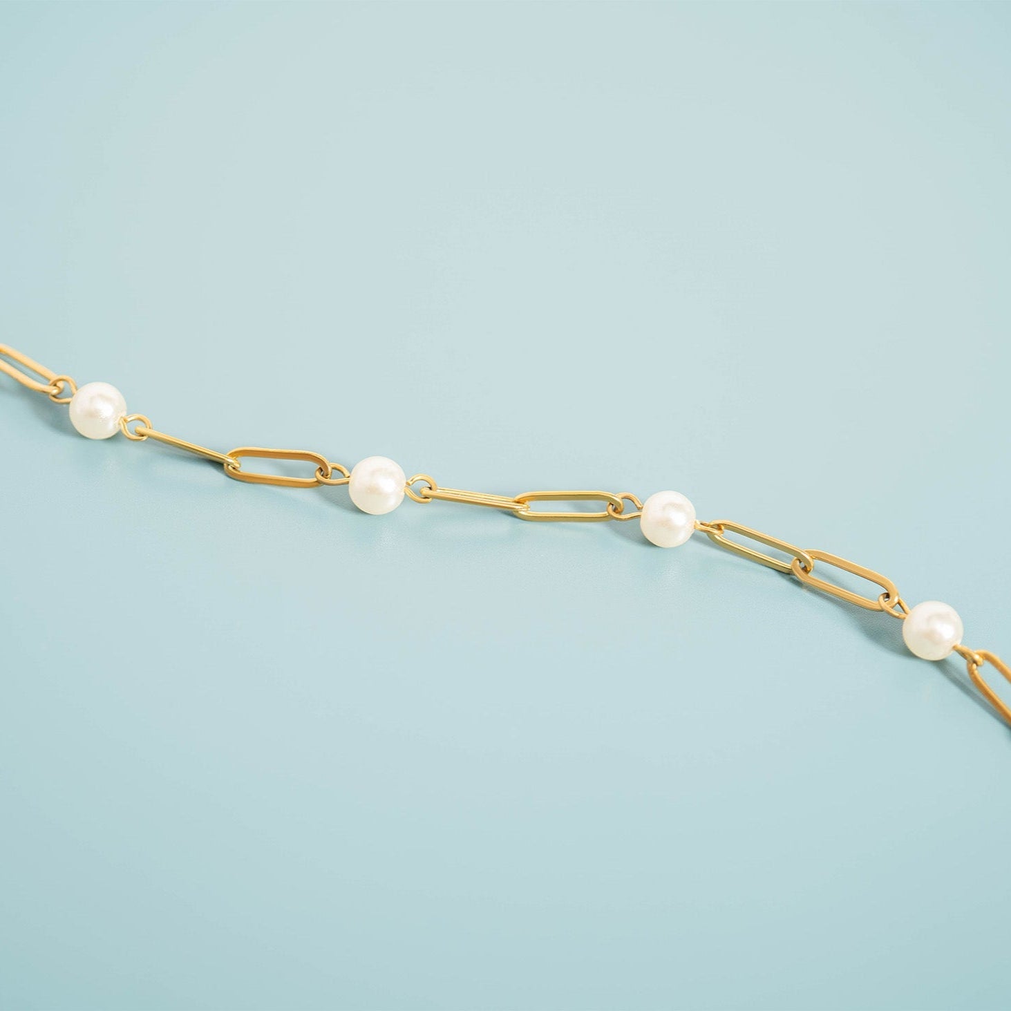 18K Gold PVD Stainless Steel Station Pearl Paperclip Bracelet
