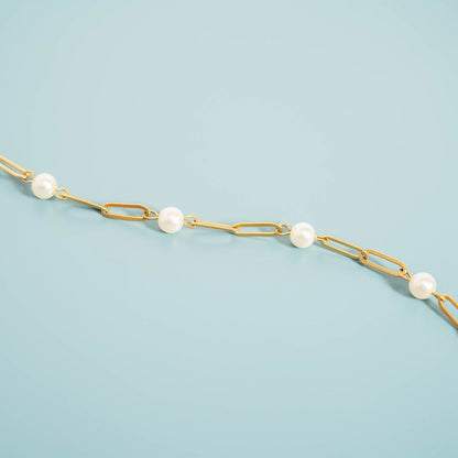 18K Gold PVD Stainless Steel Pearl Station Paperclip Chain Necklace