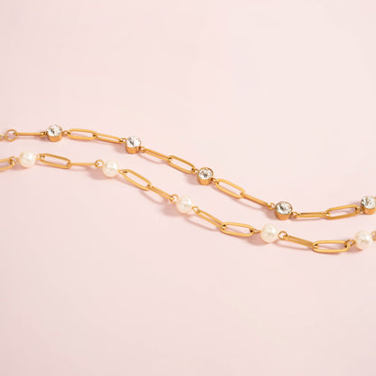 18K Gold PVD Stainless Steel Pearl Station Paperclip Chain Necklace