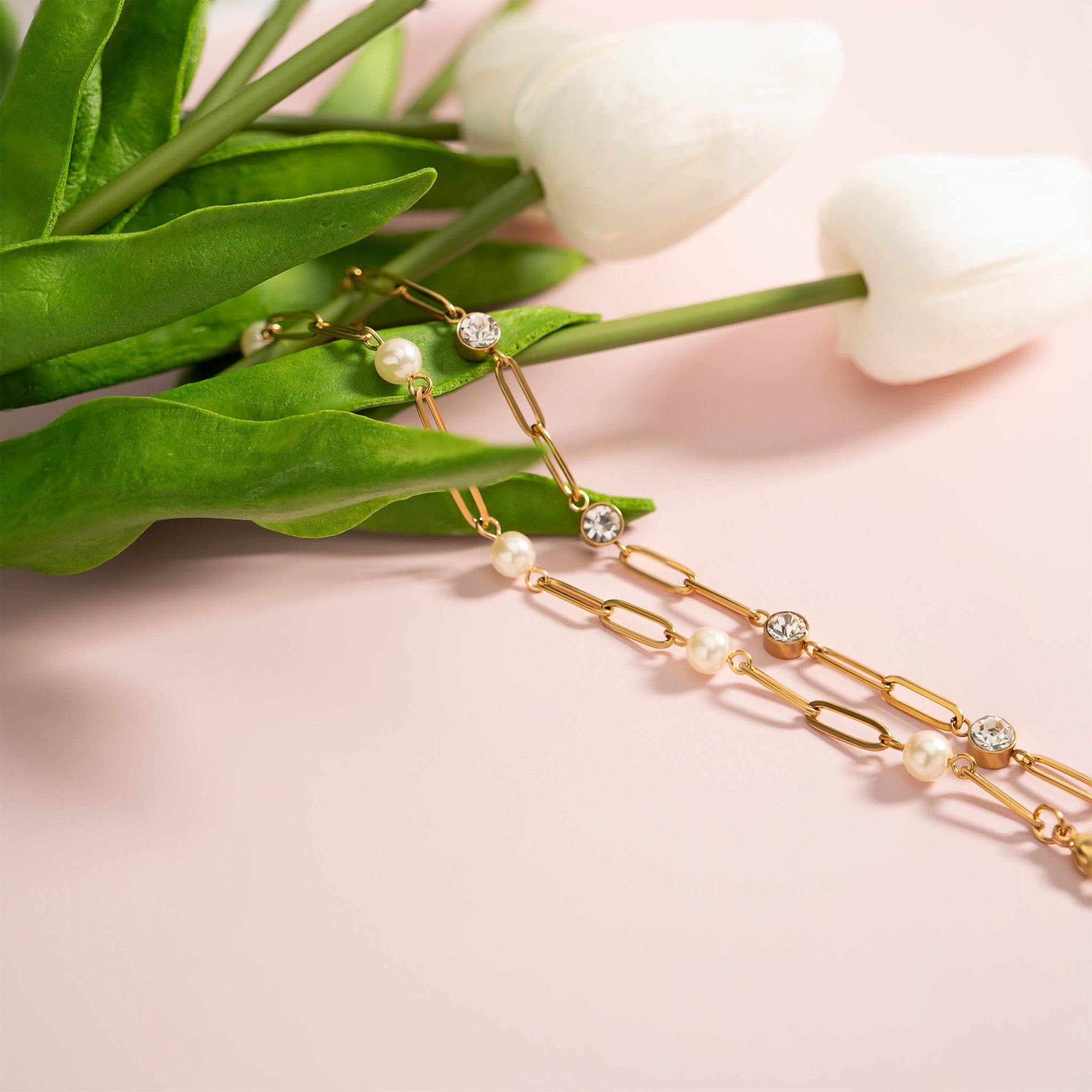 18K Gold PVD Stainless Steel Pearl Station Paperclip Chain Necklace
