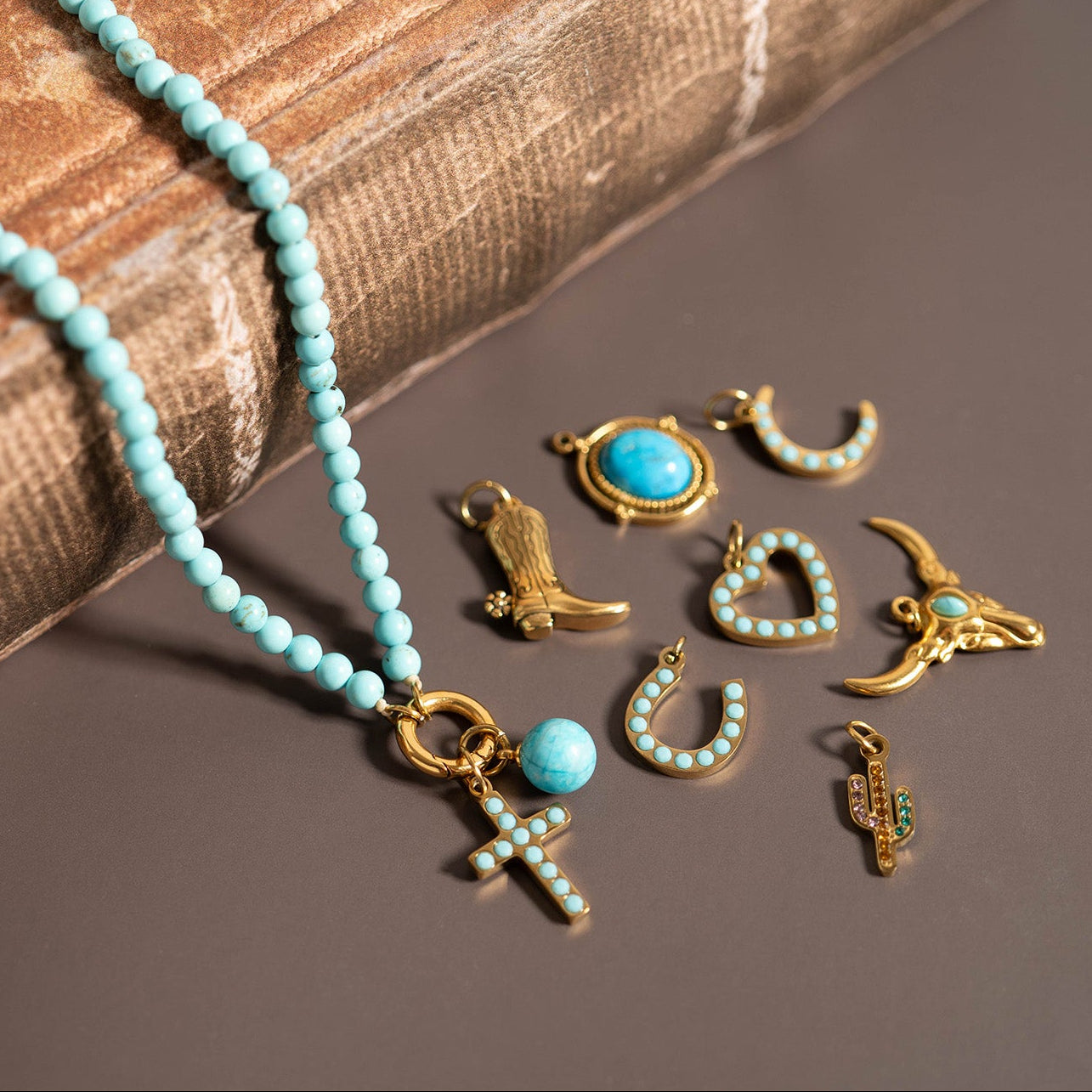 18K Gold PVD Stainless Steel Turquoise Stone Horseshoe Charm