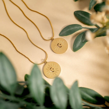 Stainless Steel Mom and Me Moon And Sun Necklace Set