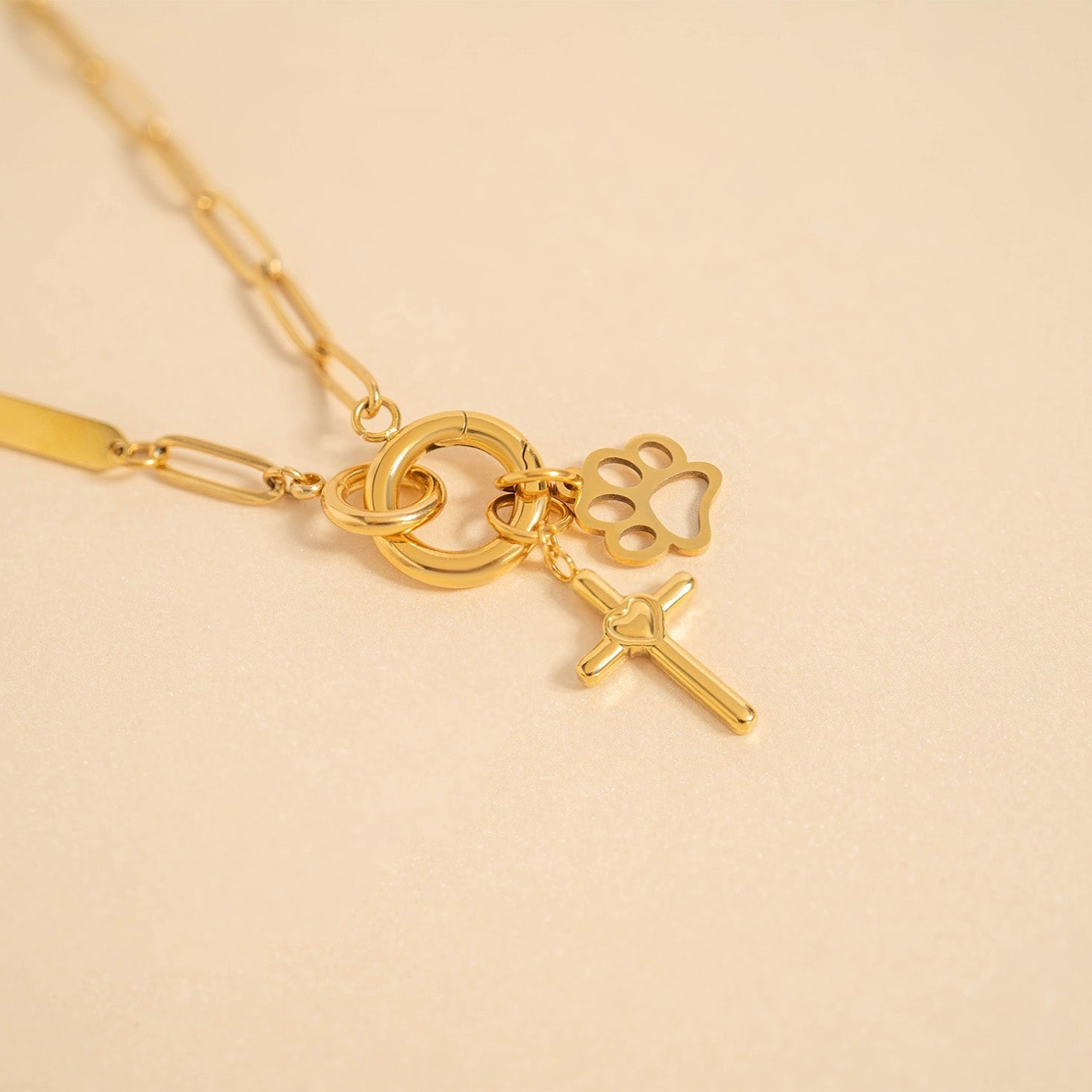 18K Gold PVD Stainless Steel Cross with Heart Charm