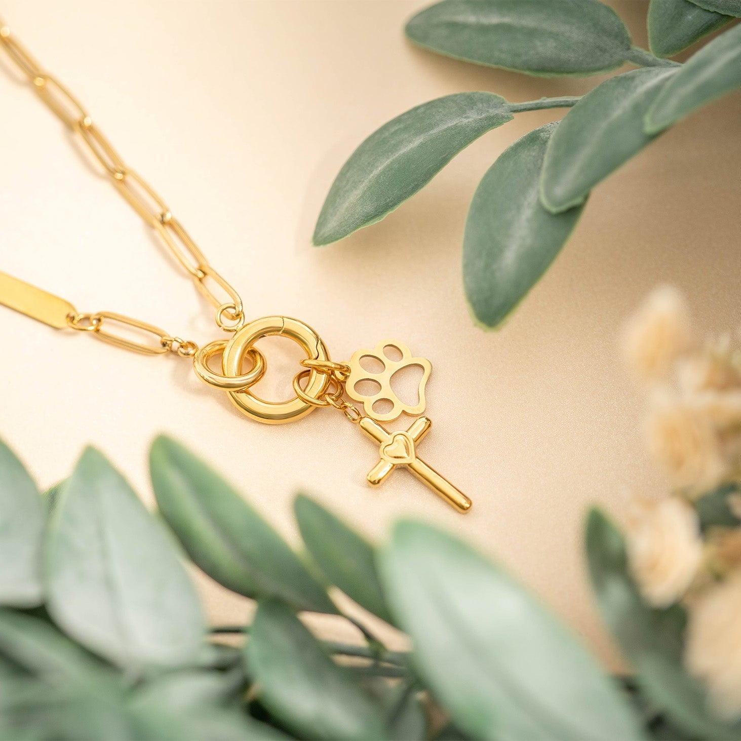 18K Gold PVD Stainless Steel Cross with Heart Charm