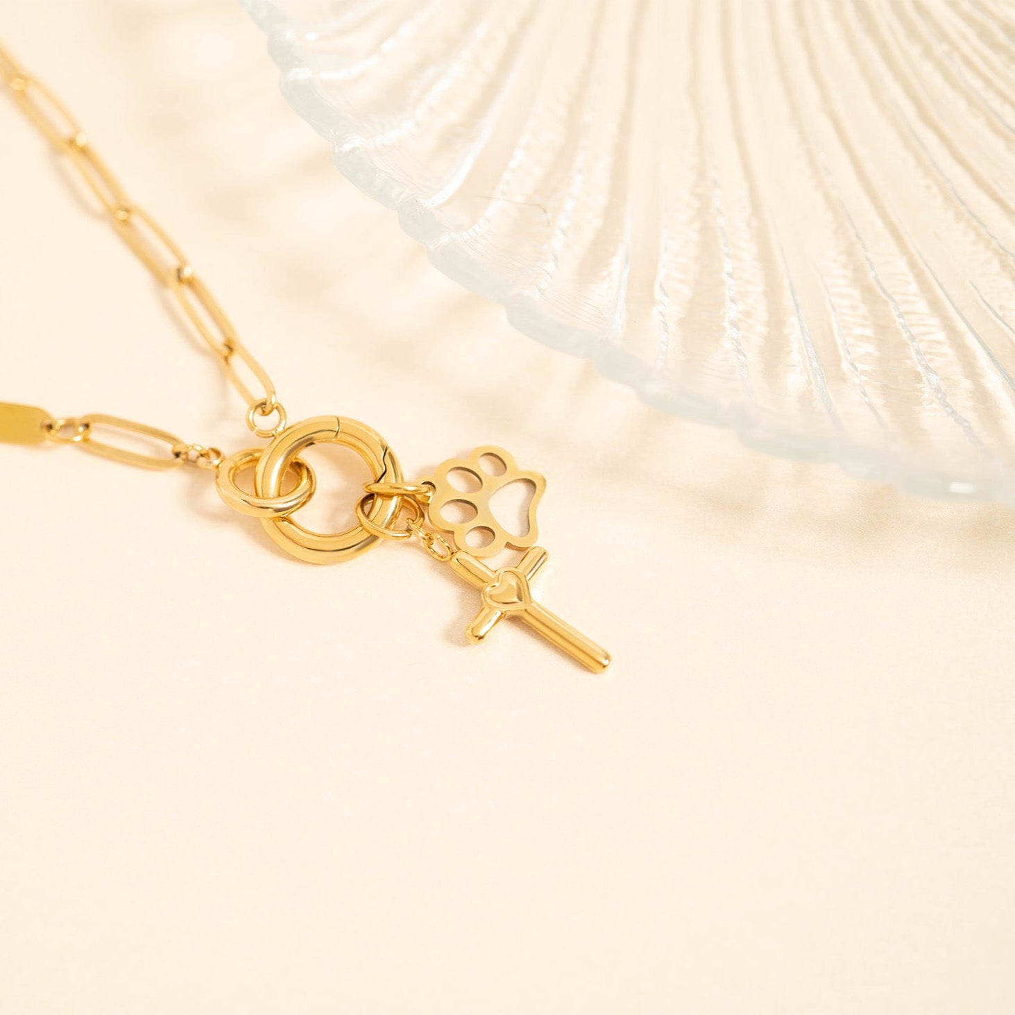 18K Gold PVD Stainless Steel Cross with Heart Charm