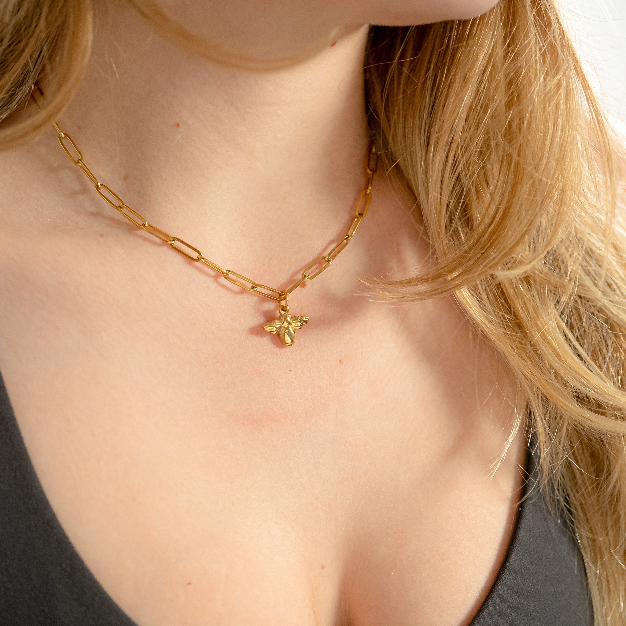 18K Gold PVD Stainless Steel Mommy & Me Bee Charm Necklace Set