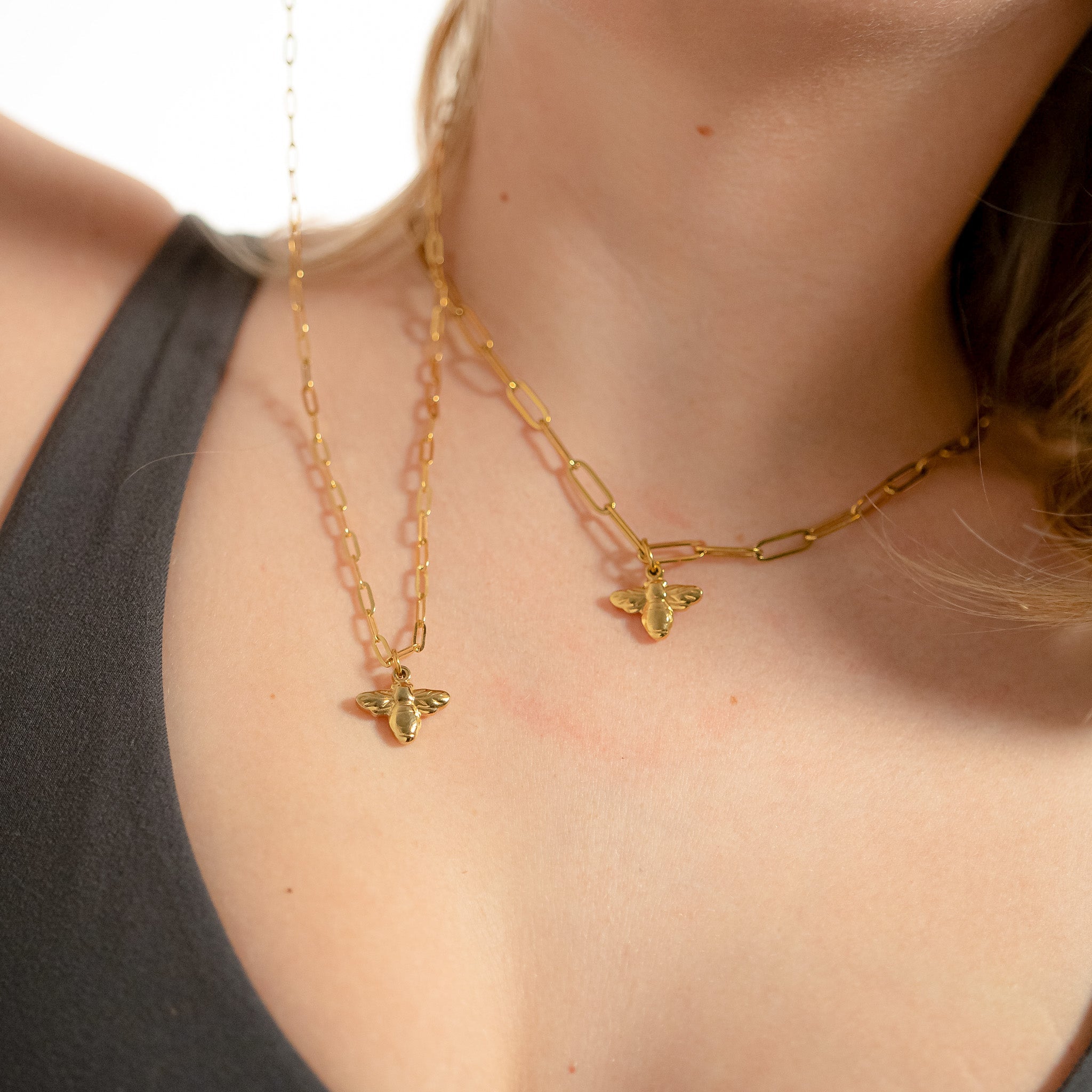 18K Gold PVD Stainless Steel Mommy & Me Bee Charm Necklace Set