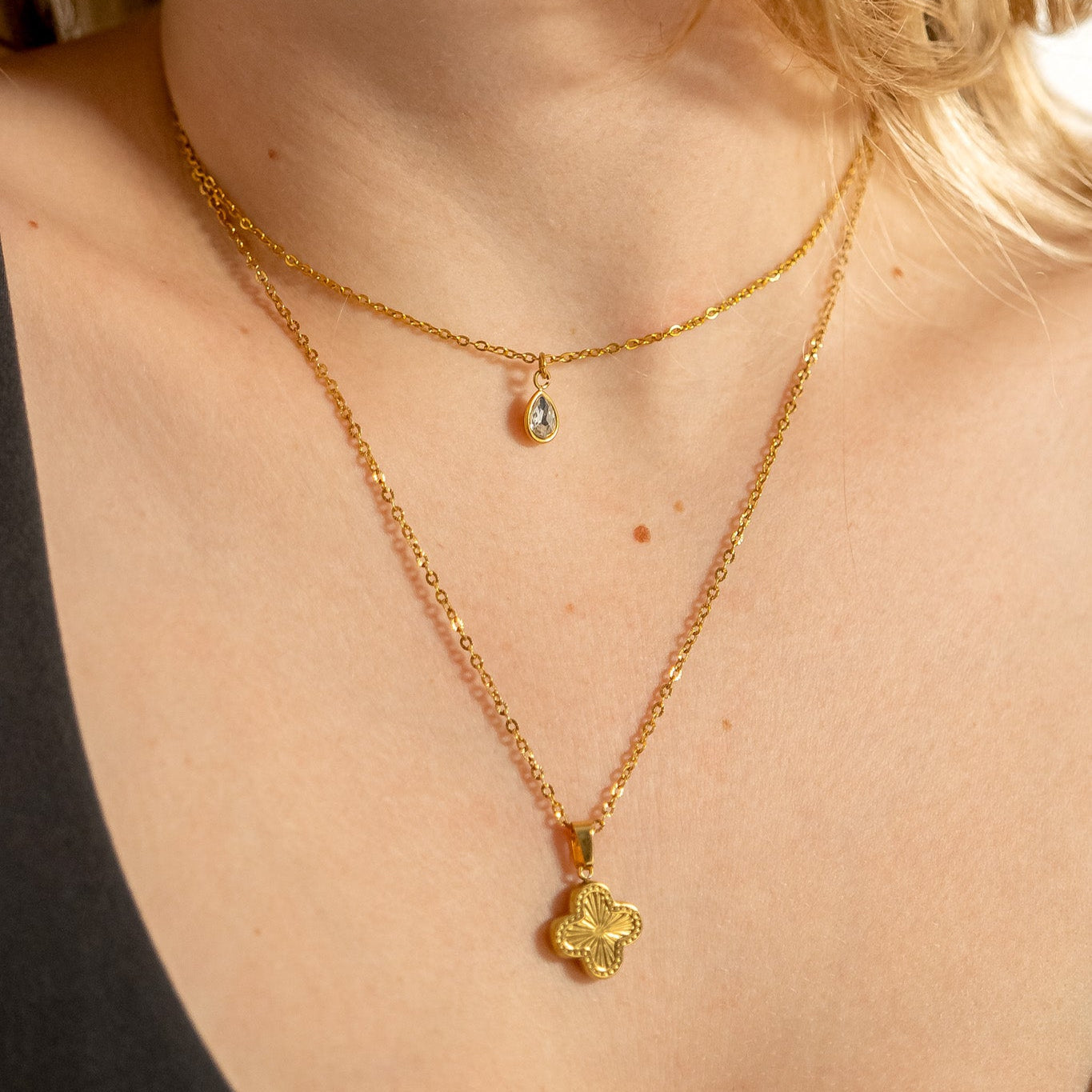 18K Gold PVD Stainless Steel Lucky Clover Charm Sunburst