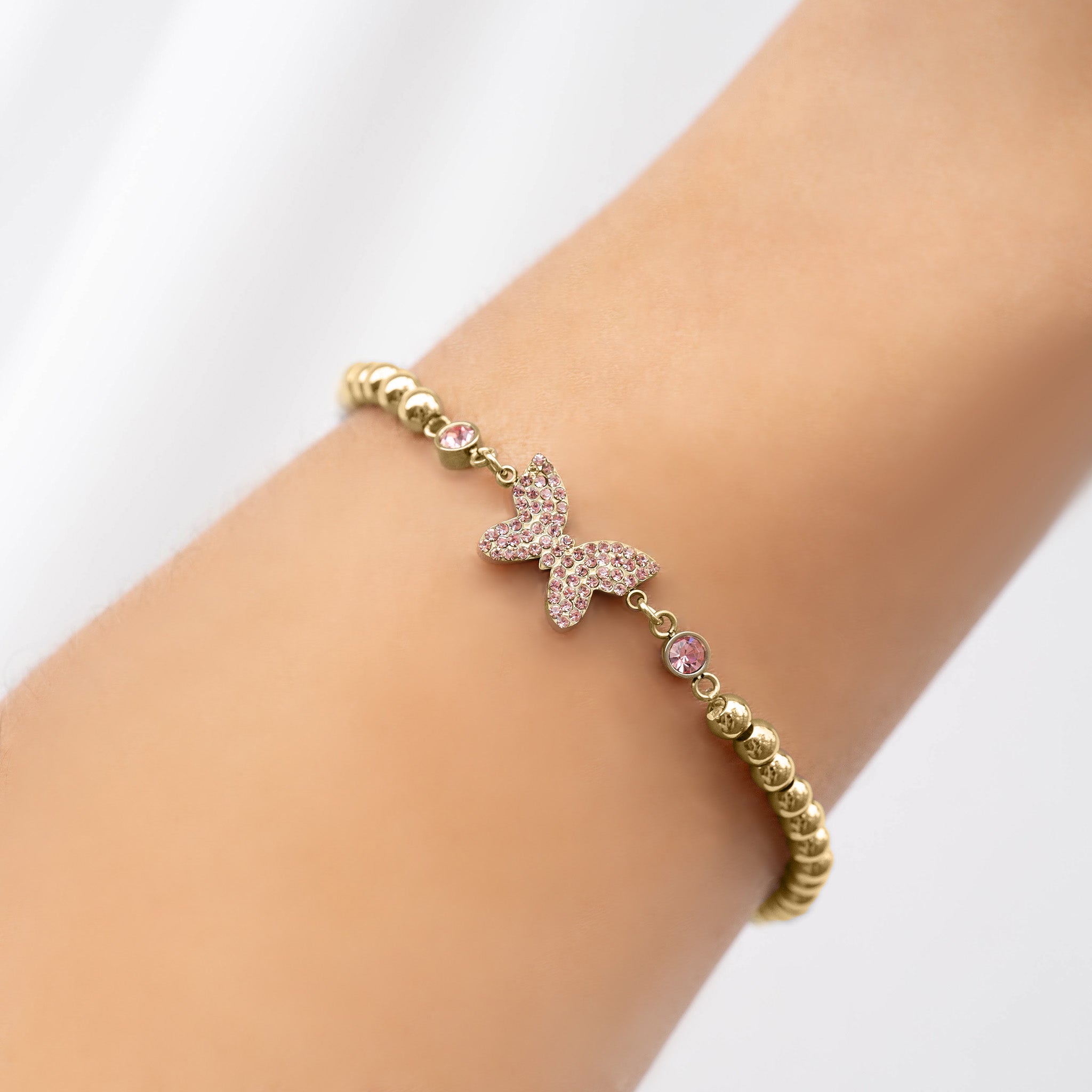 18K Gold PVD Stainless Steel Butterfly Beaded Stretch Bracelet