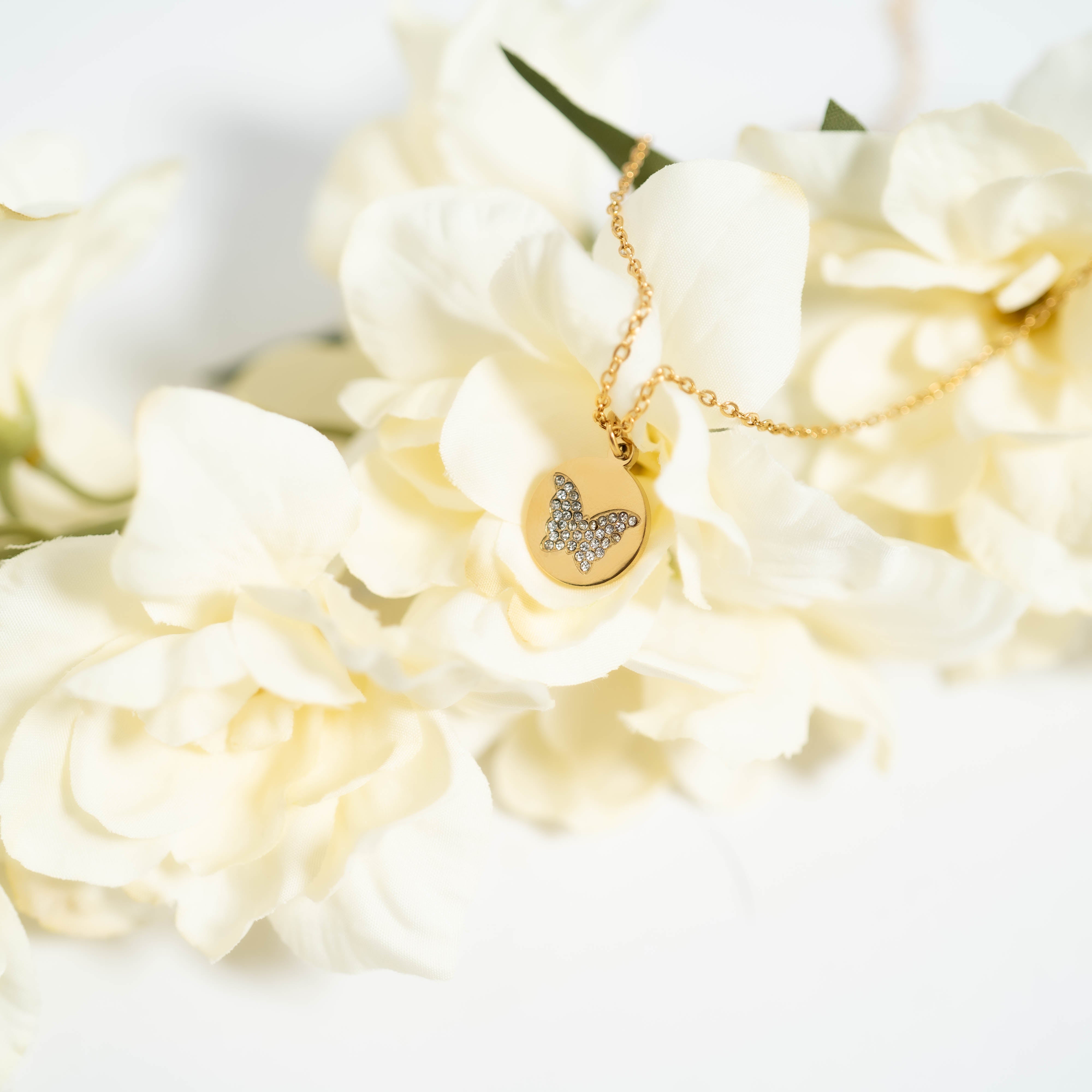18K Gold PVD Stainless Steel Stone Butterfly Pendant Necklace