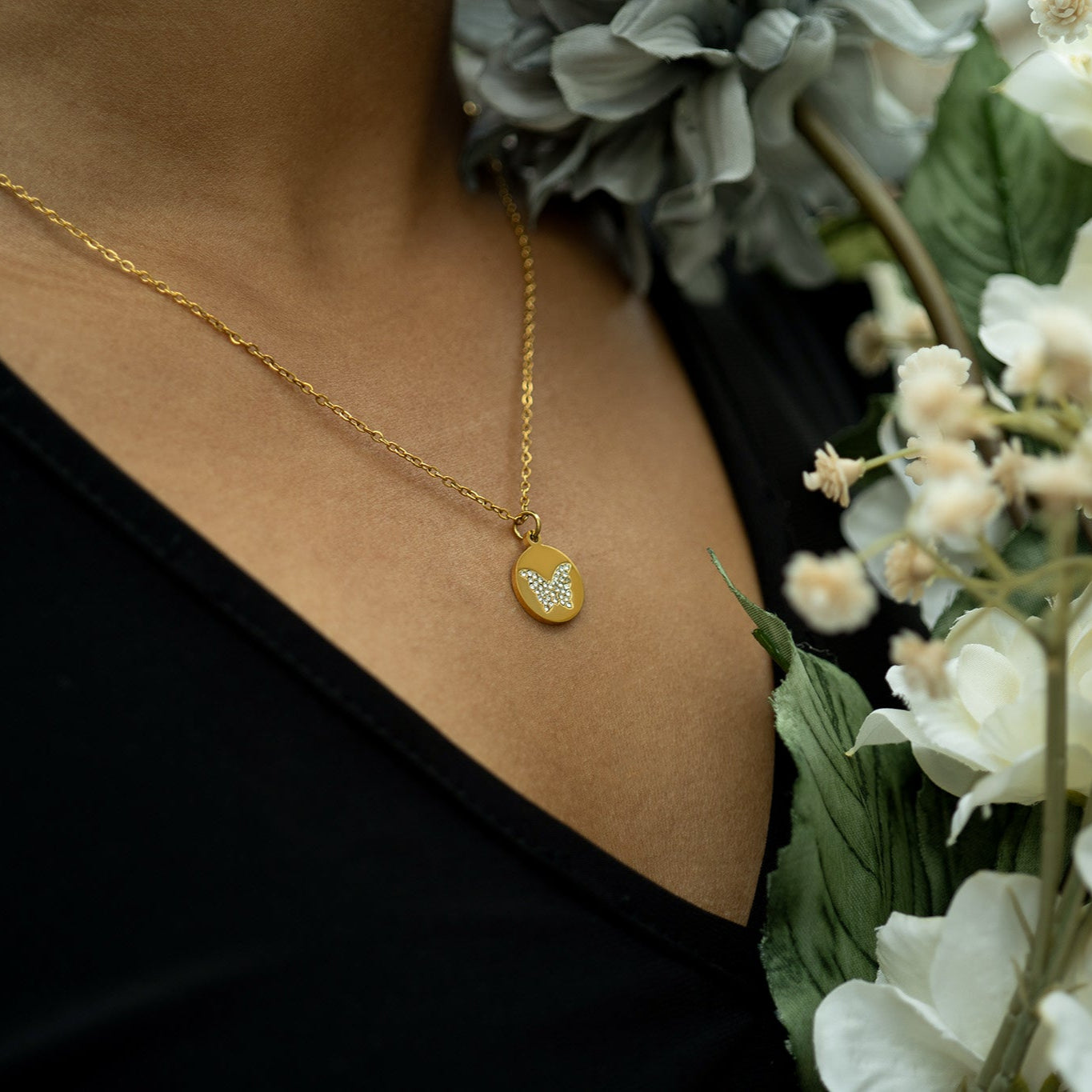 18K Gold PVD Stainless Steel Stone Butterfly Pendant Necklace