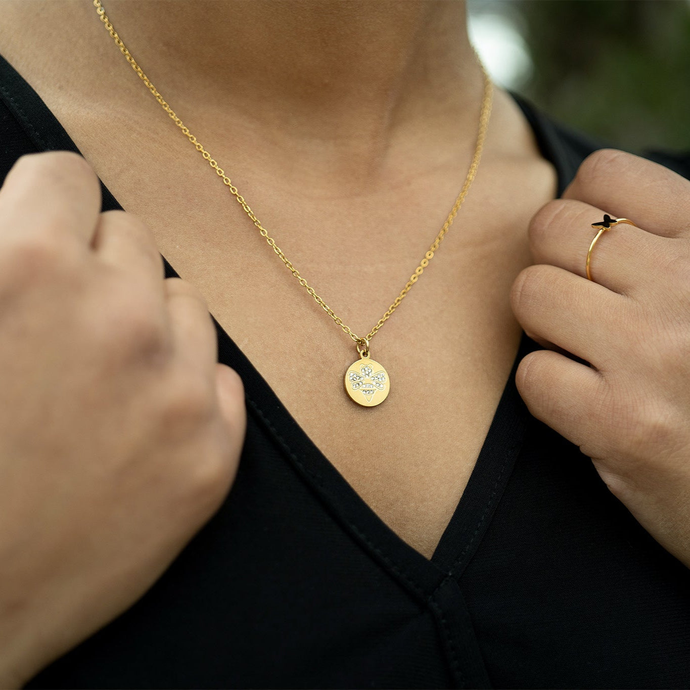 18K Gold PVD Stainless Steel Stone Bee Pendant Necklace