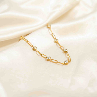 18K Gold PVD Stainless Steel Crystal Stone Paperclip Chain Necklace