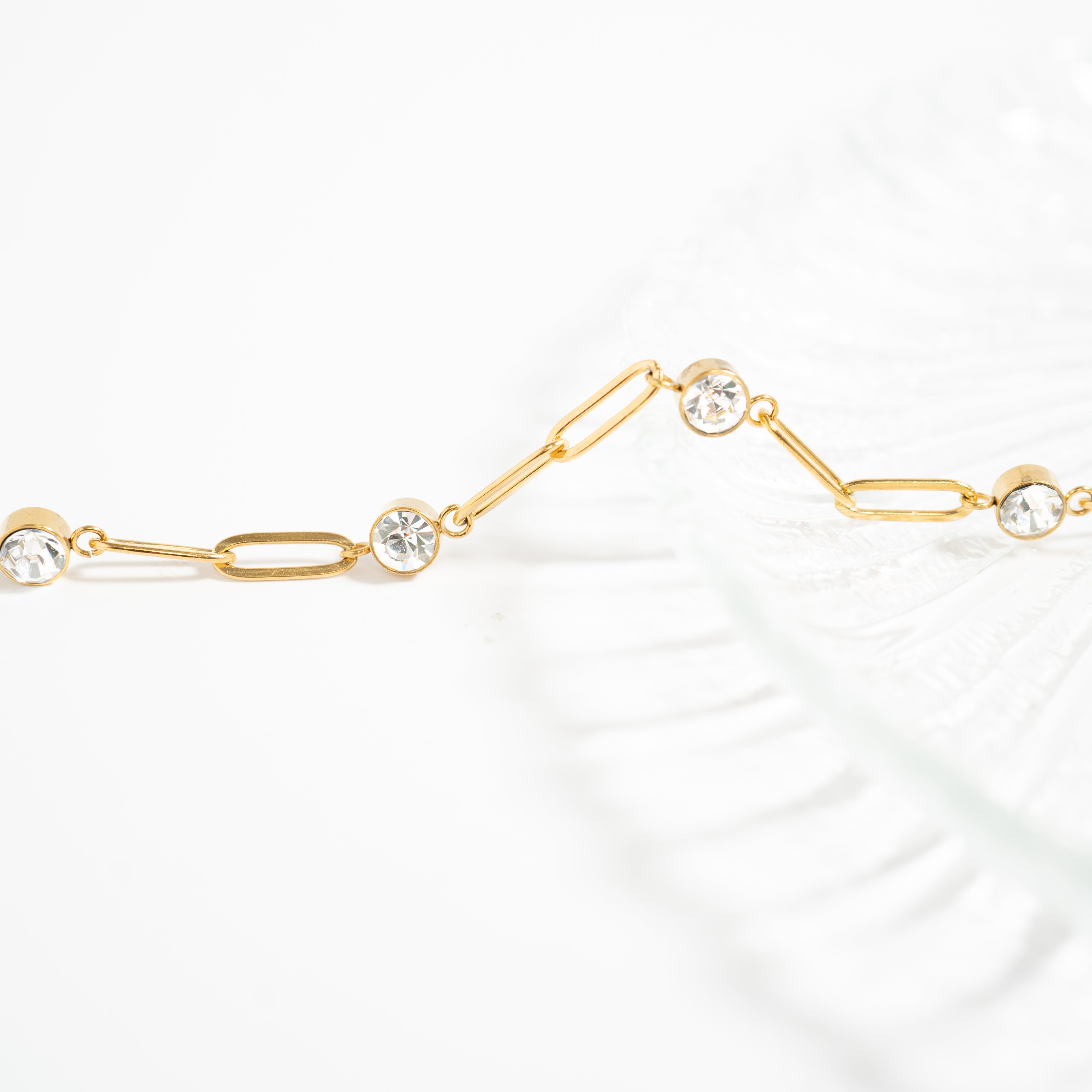 18K Gold PVD Stainless Steel Crystal Stone Paperclip Chain Necklace