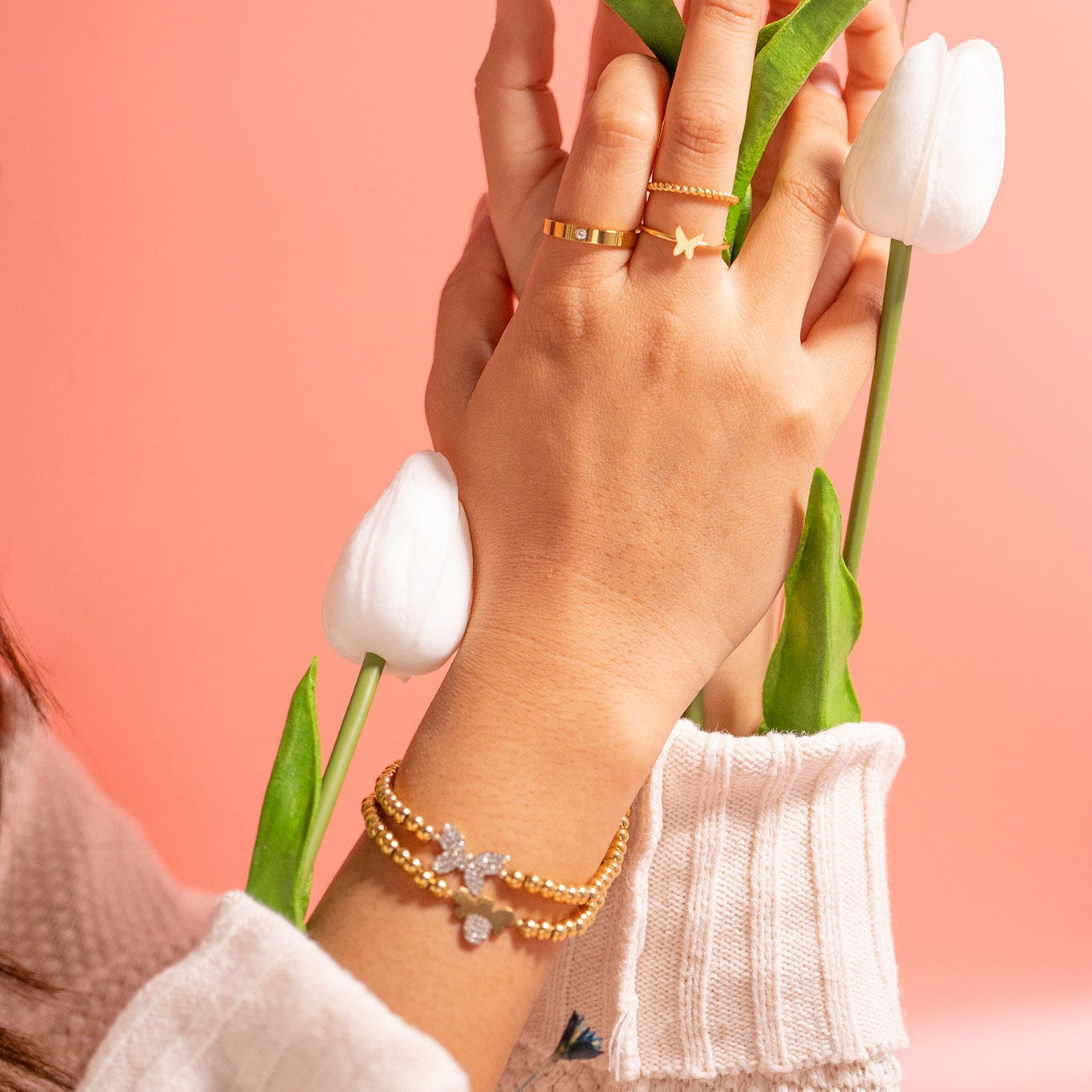 18K Gold PVD Stainless Steel Stone Bee Metal Beaded Stretch Bracelet