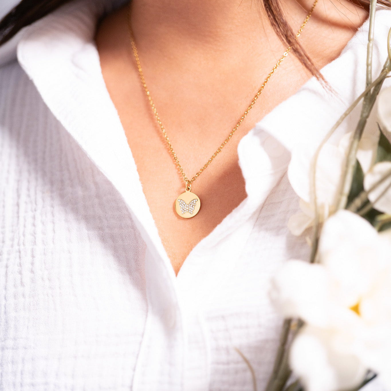 18K Gold PVD Stainless Steel Stone Butterfly Pendant Necklace
