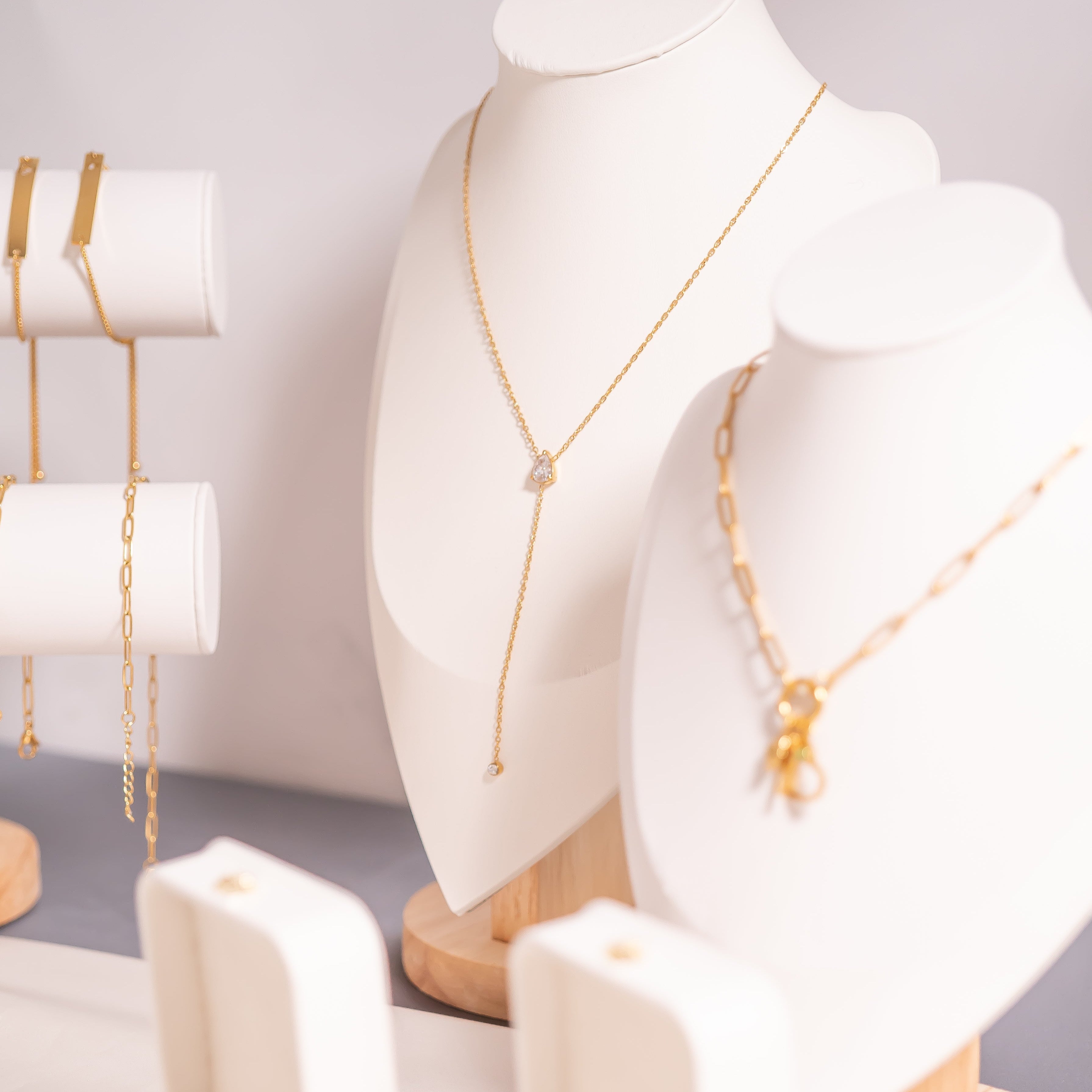 18K Gold PVD Stainless Steel Teardrop CZ Lariat Necklace