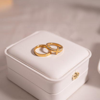 18K Gold PVD Stainless Steel Cross CZ Stone Engraved Stacking Ring