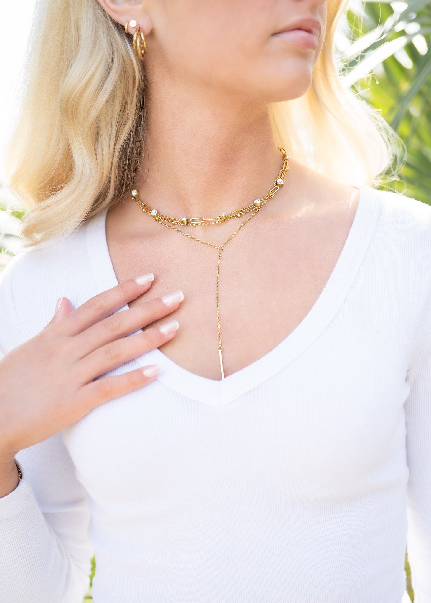 18K Gold PVD Stainless Steel Drop Bar Layered Lariat Necklace