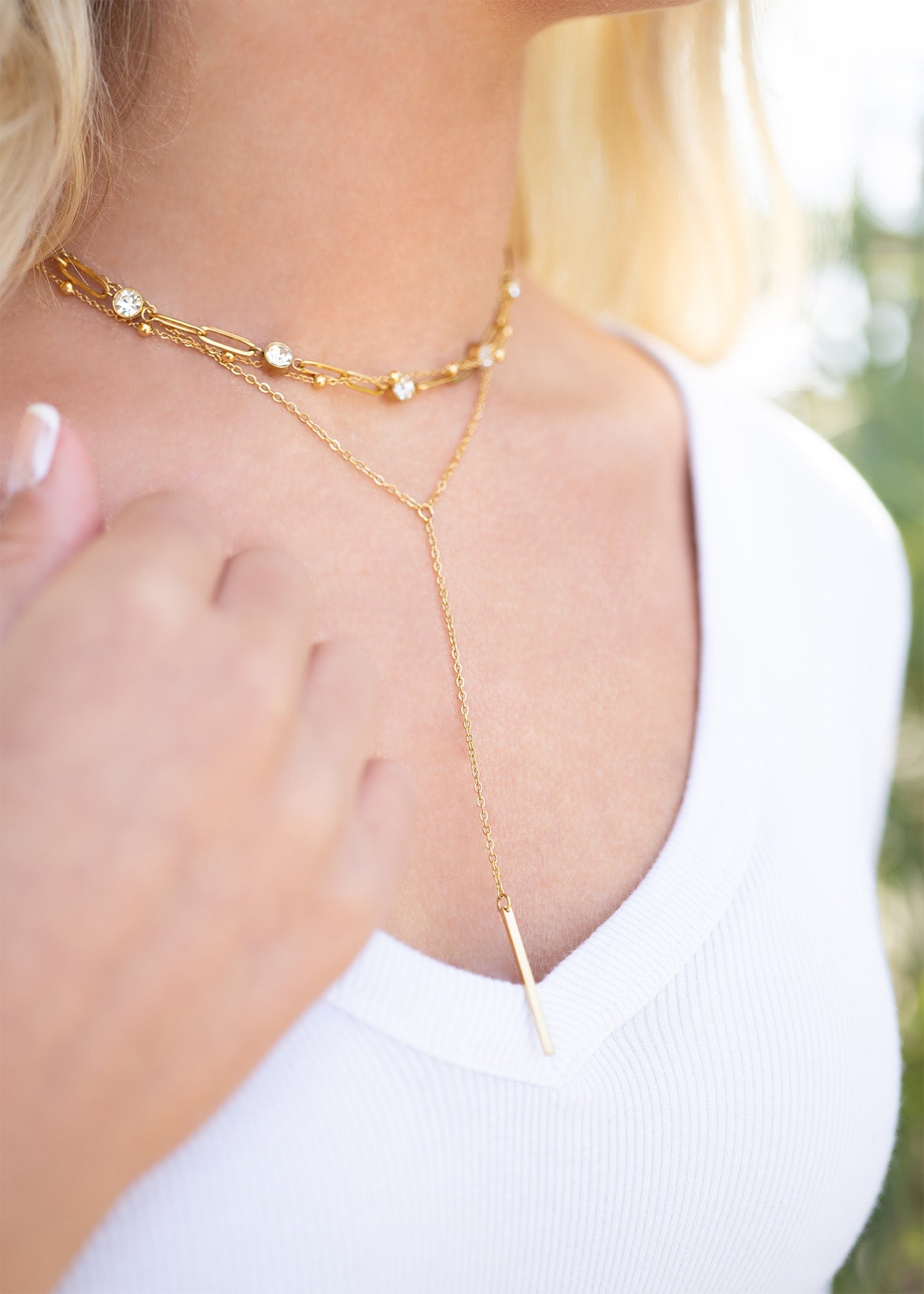 18K Gold PVD Stainless Steel Drop Bar Layered Lariat Necklace