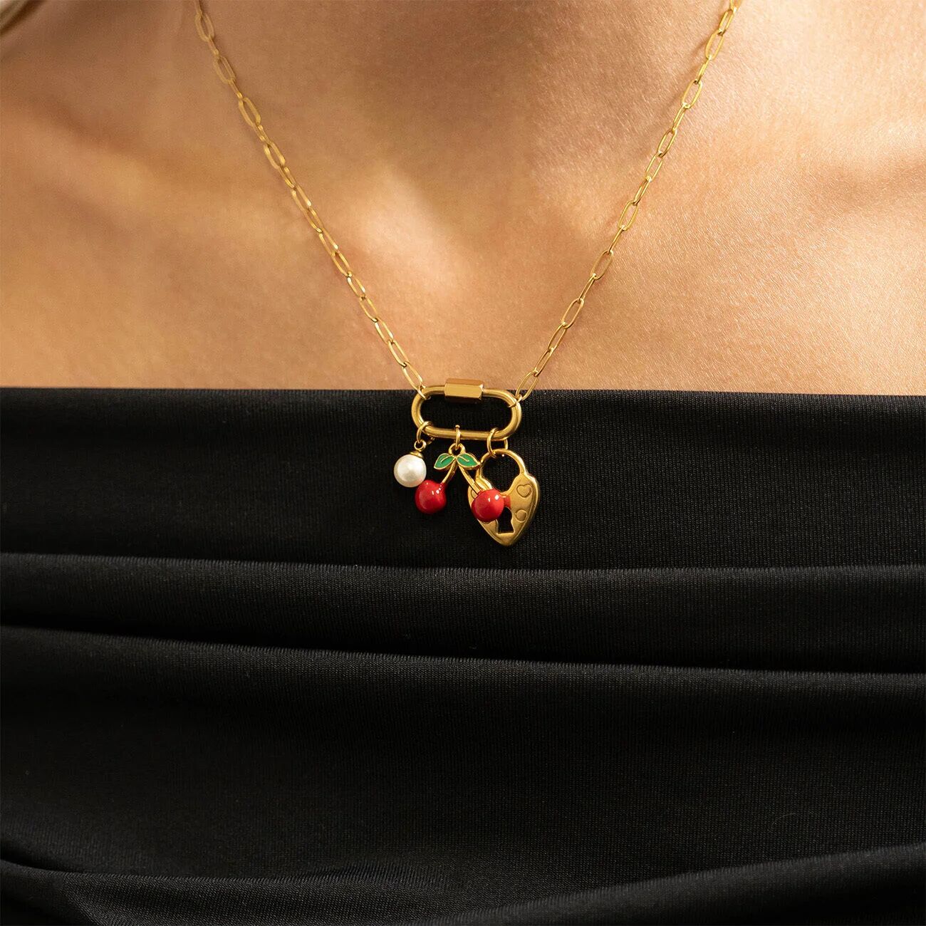 18K Gold PVD Stainless Steel Cherry Heart Charm Set