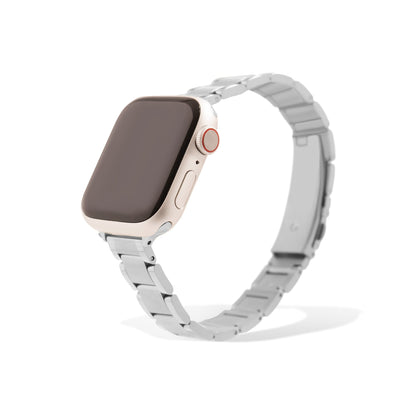 Smartwatch with a silver metal band on a white background
