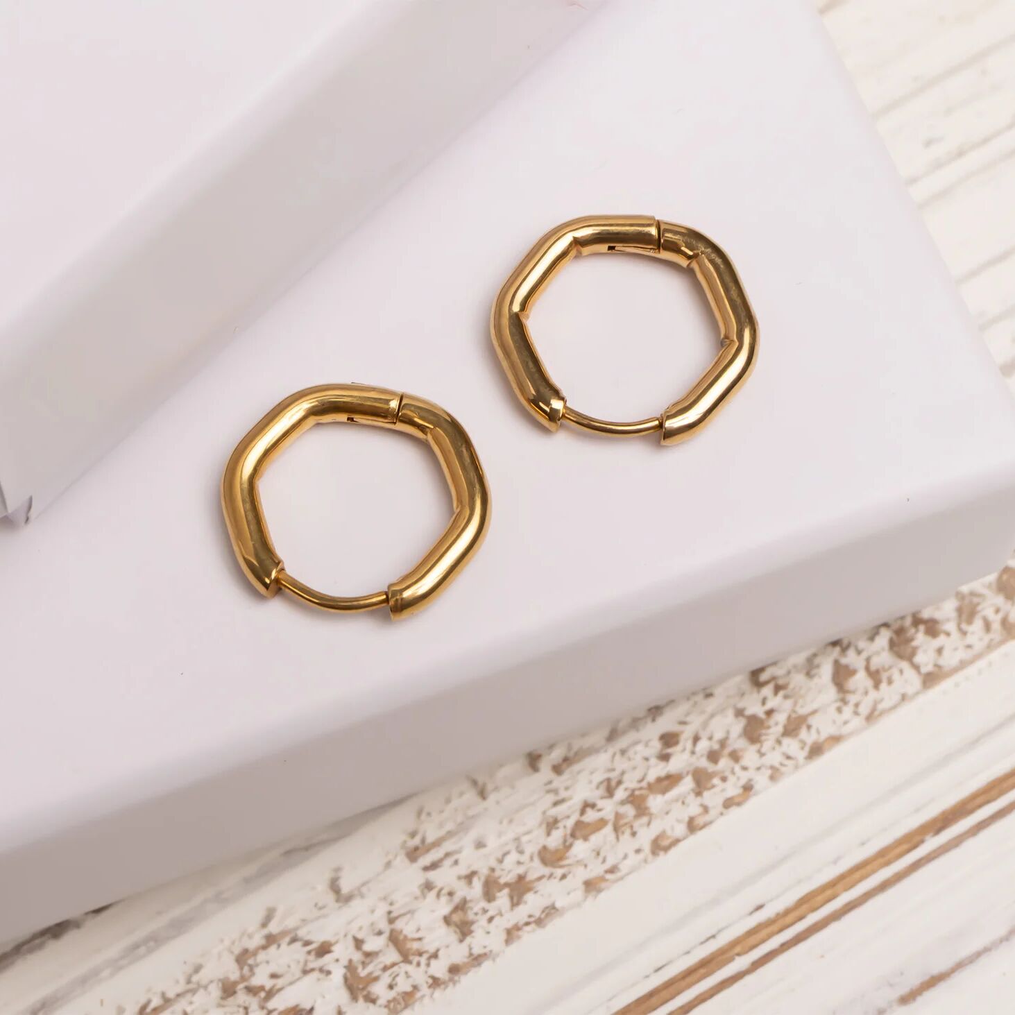 18K Gold PVD Stainless Steel Rounded Geometric Huggie Hoop Earrings