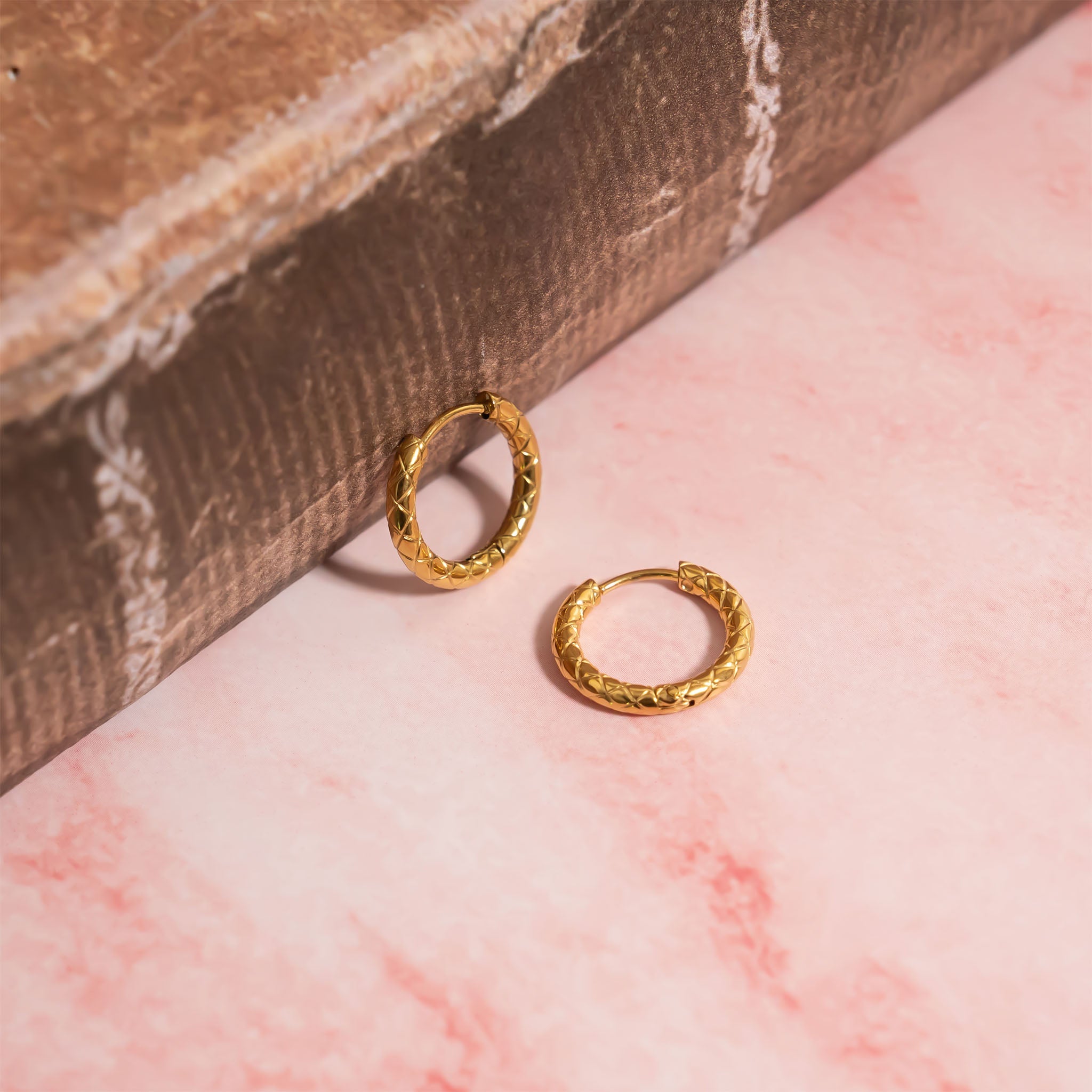 18K Gold PVD Stainless Steel Textured Huggie Hoop Earrings