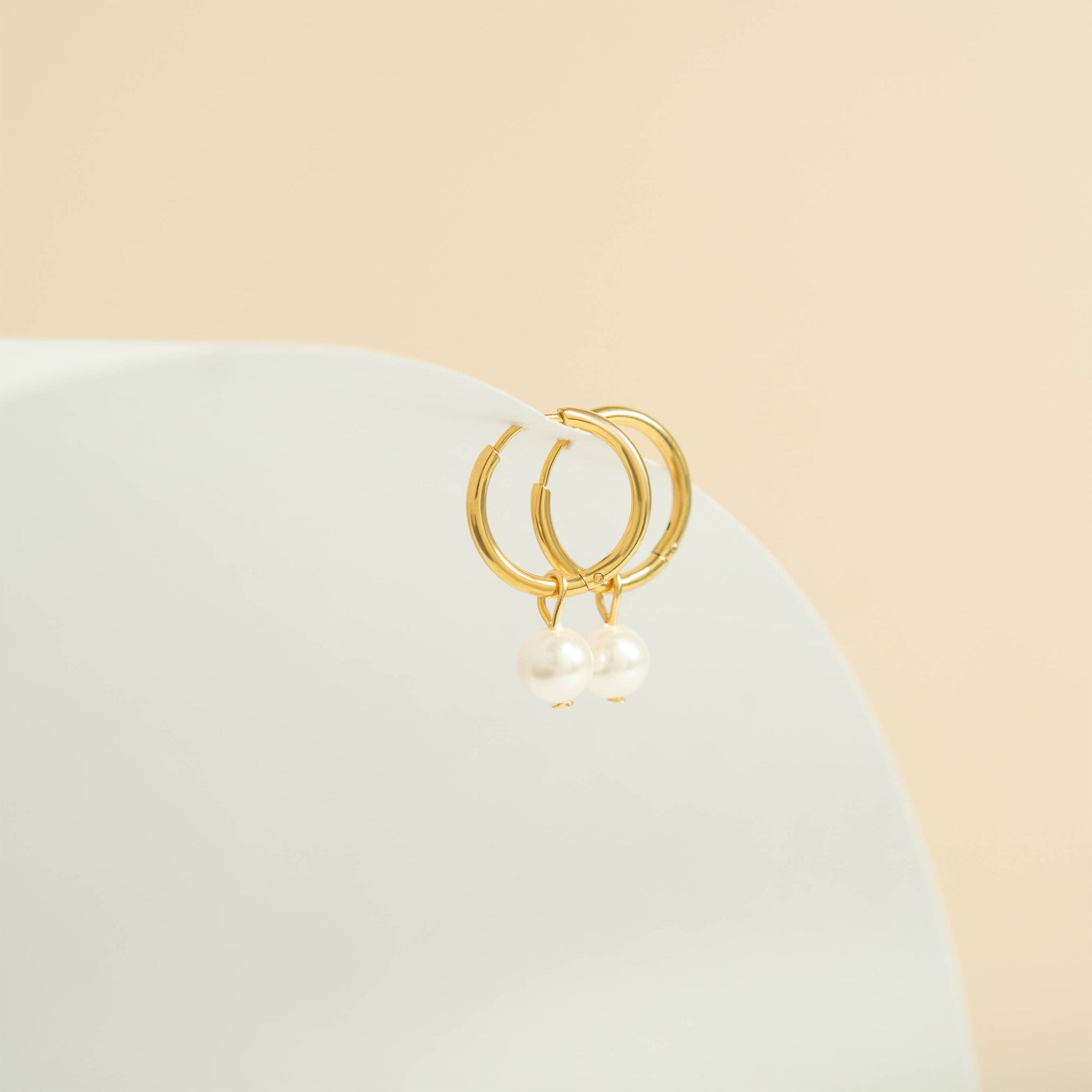 18K Gold PVD Stainless Steel Pearl Charm Huggie Hoop Earrings