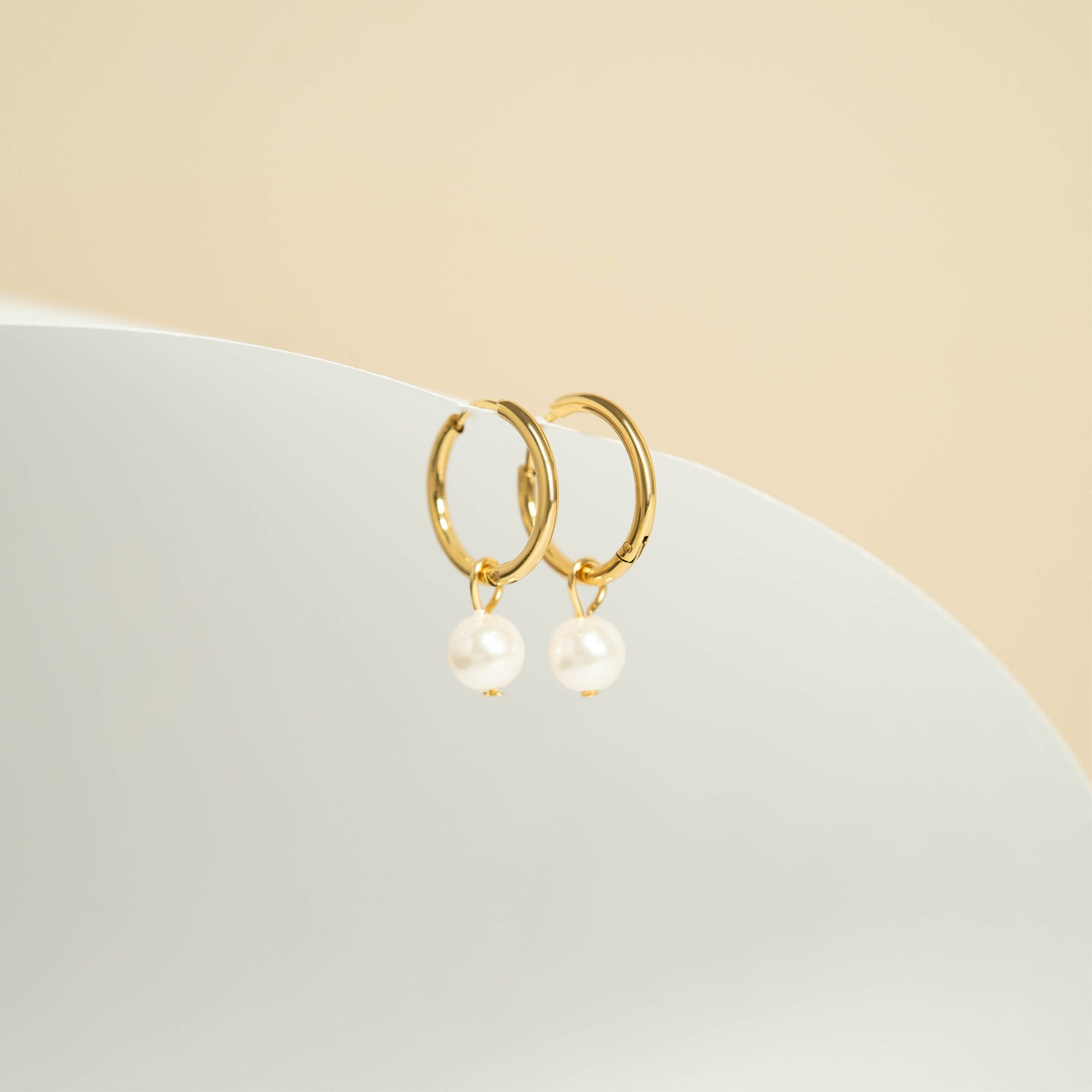 18K Gold PVD Stainless Steel Pearl Charm Huggie Hoop Earrings