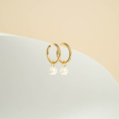 18K Gold PVD Stainless Steel Pearl Charm Huggie Hoop Earrings
