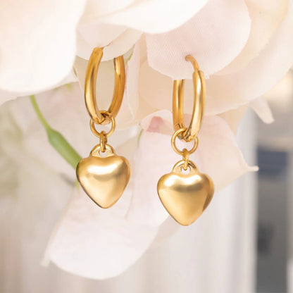 18K Gold PVD Stainless Steel Heart Pendant Huggie Hoop Earrings