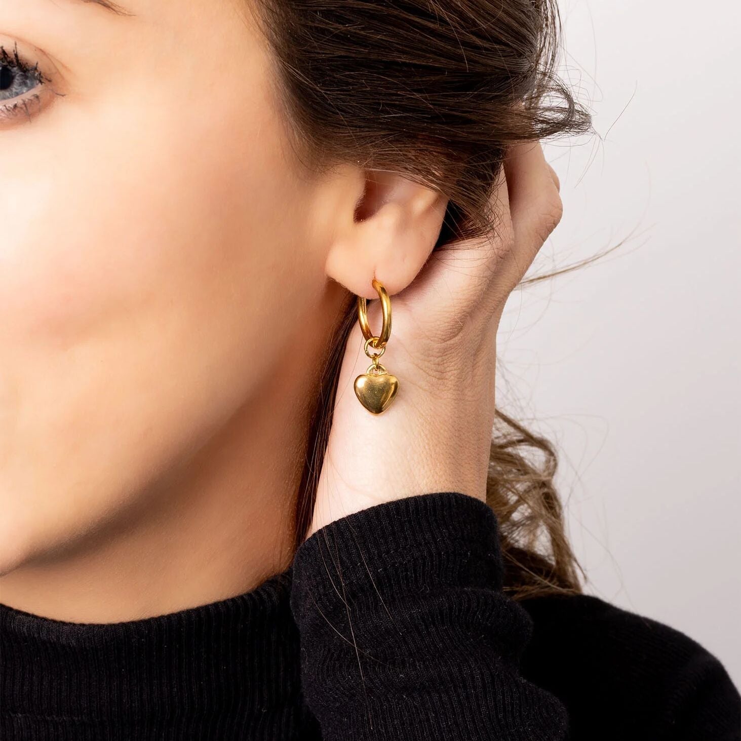 18K Gold PVD Stainless Steel Heart Pendant Huggie Hoop Earrings