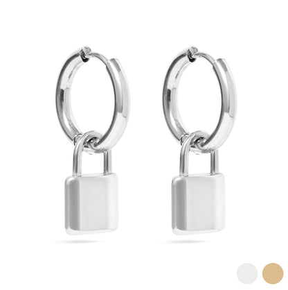 18K Gold PVD Stainless Steel Padlock Pendant Hoop Earrings