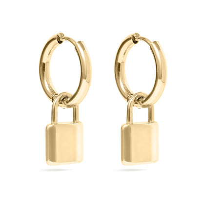 18K Gold PVD Stainless Steel Padlock Pendant Hoop Earrings