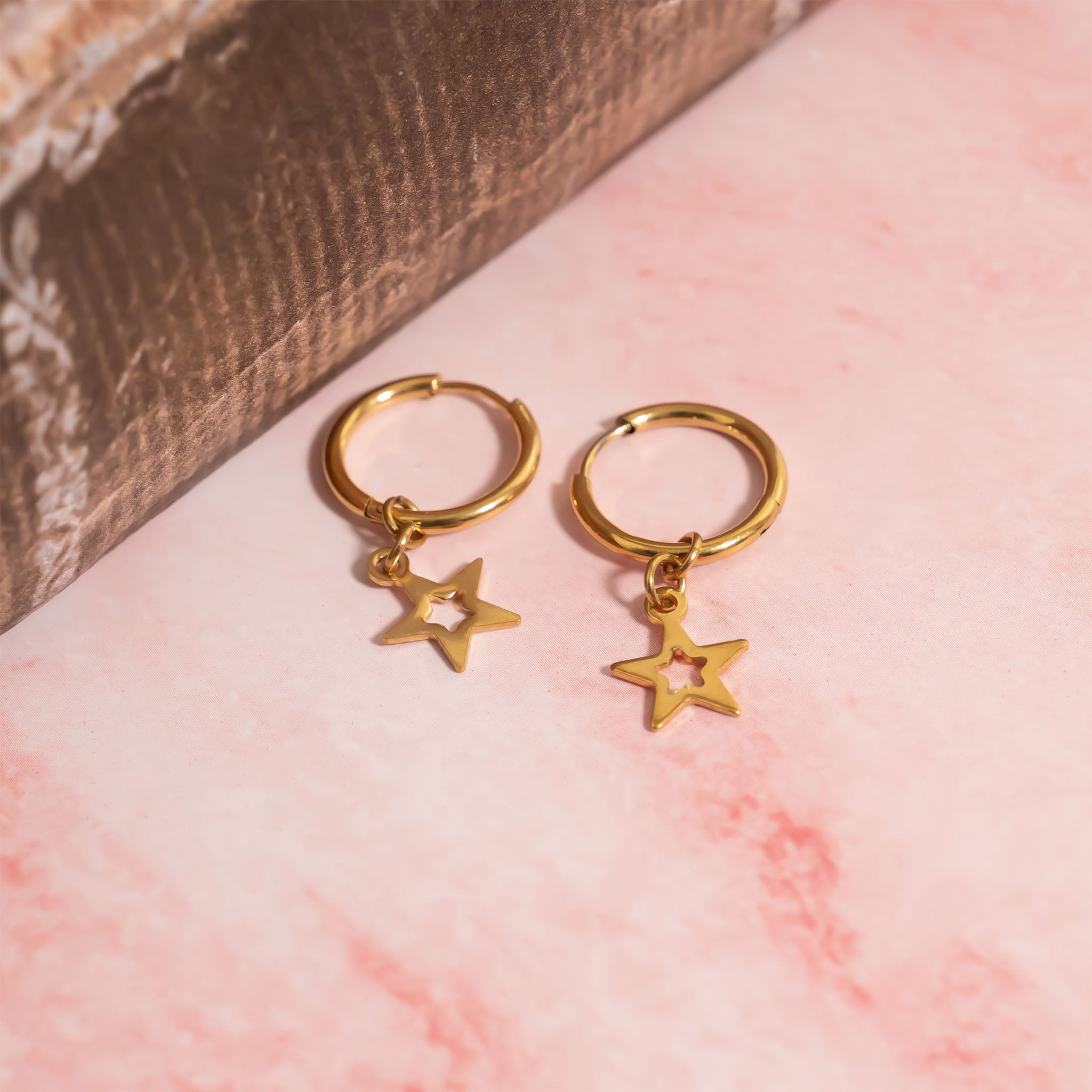 18K Gold PVD Stainless Steel Star Pendant Hoop Earrings