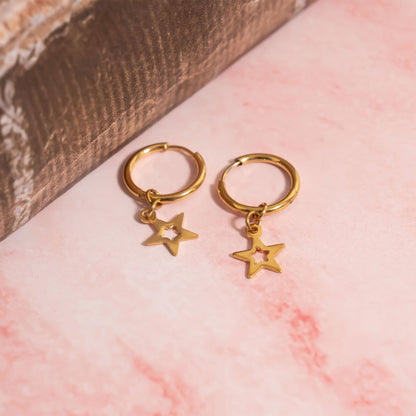 18K Gold PVD Stainless Steel Star Pendant Hoop Earrings