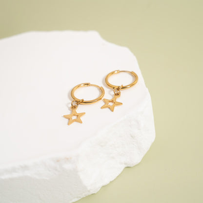 18K Gold PVD Stainless Steel Star Pendant Hoop Earrings