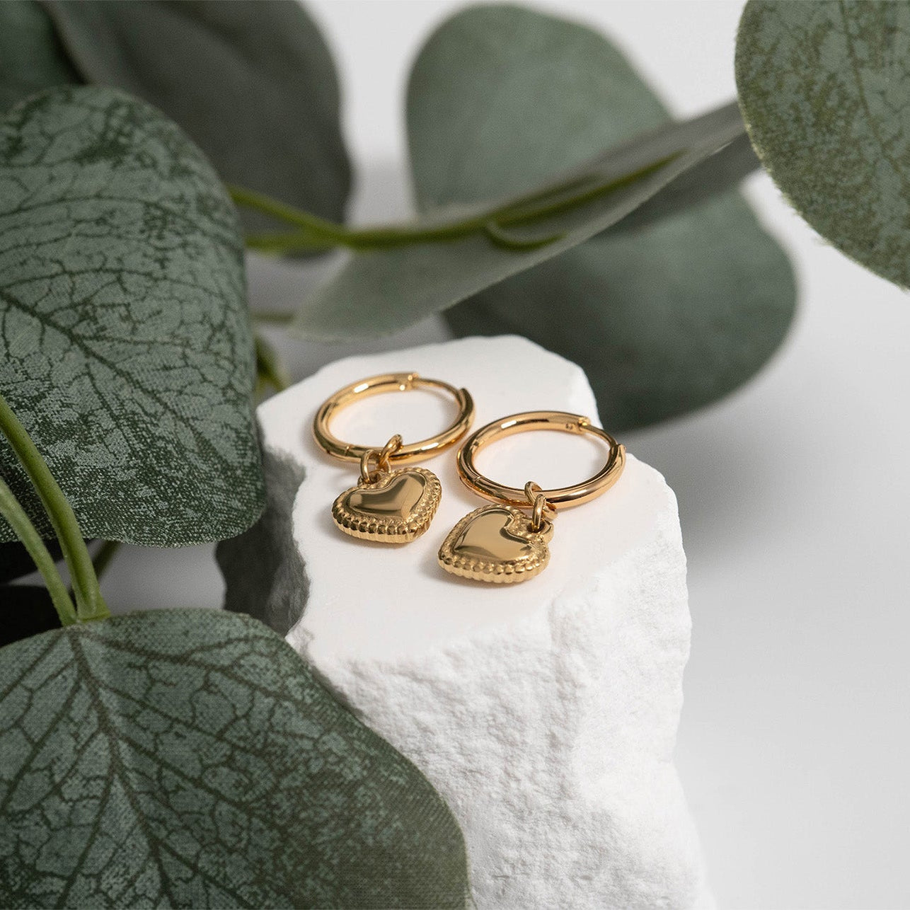 18K Gold PVD Stainless Steel Heart Pendant Hoop Earrings