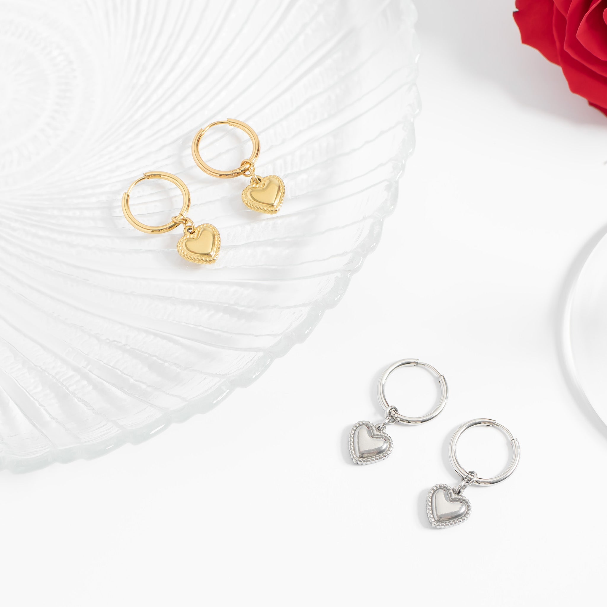 18K Gold PVD Stainless Steel Heart Pendant Hoop Earrings