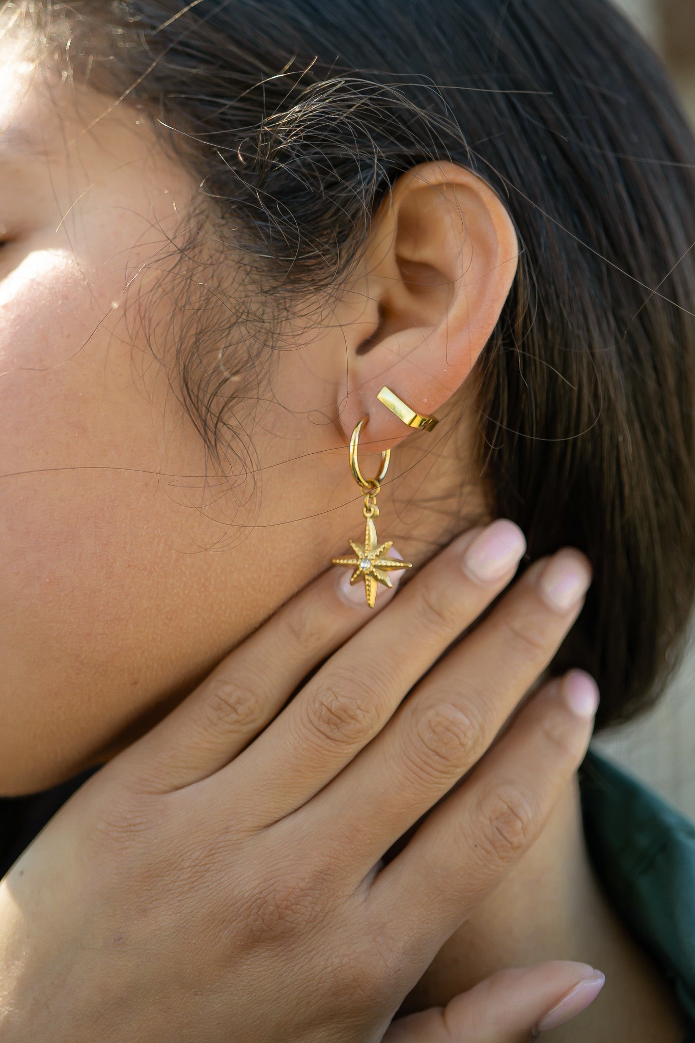18K Gold PVD Huggie with Compass Charm with CZ Stone Earrings
