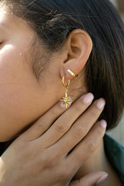 18K Gold PVD Huggie with Compass Charm with CZ Stone Earrings